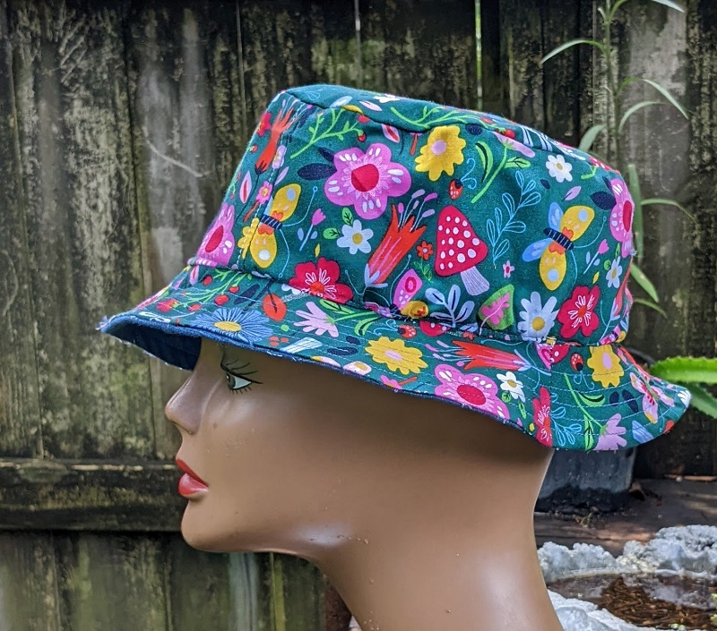 Custom hand made bucket hat made with upcycled denim and other fabric